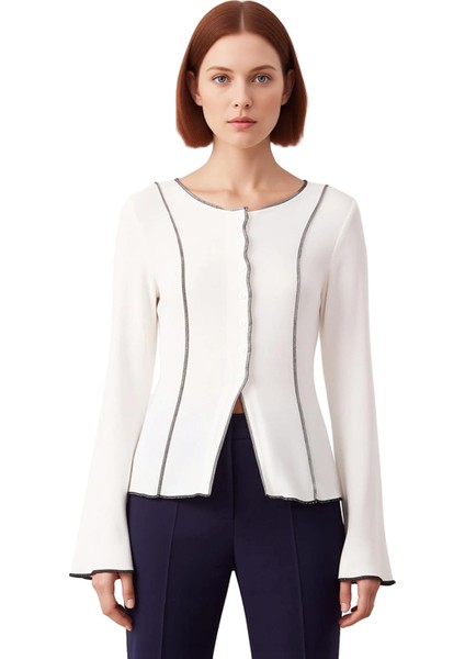 Kadın Tam Düğmeli Nakışlı Ispanyol Kol Bluz Bisiklet Yaka Fitted Kesim ve Viskon Ribana Kaliteli fiyatları