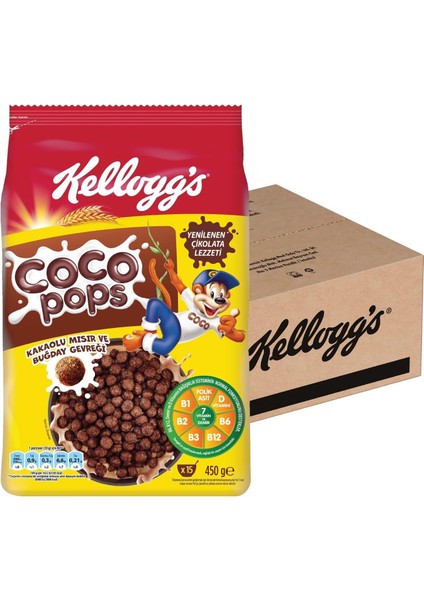 Kellogg&apos;s Coco Pops Çikolatalı Buğday ve Mısır Gevreği 450 gr x 12 Adet, Lif, Demir ve 6 Vitamin KAYNAĞI,%100 Pancar Şekeri, D Vitamini, Kalsiyum, Folik Asit ve Demir Içerir,%40 Kakao Içerir fiyatları