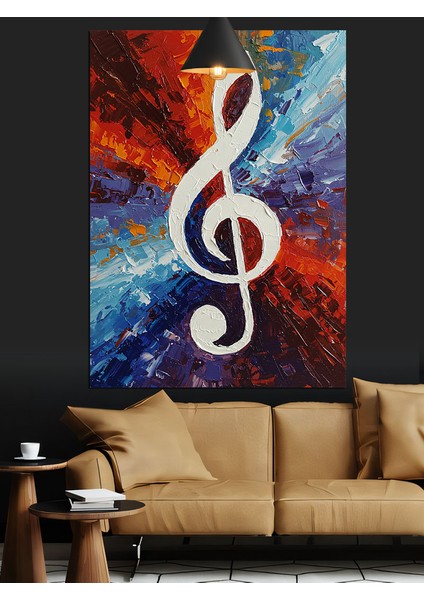 Müzik Notaları Arasında Soyut Renkli Sol Anahtarı Dekoratif Kanvas - Mdf Ahşap Tablo