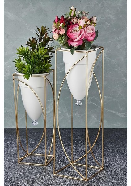 2'li Gold Ayaklı Dekoratif Beyaz Saksı