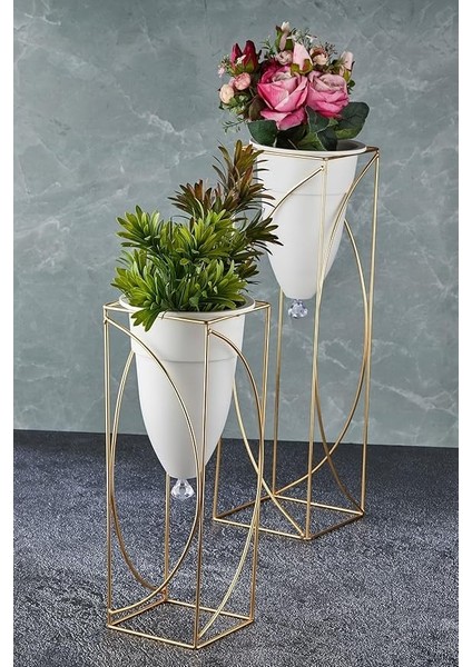 2'li Gold Ayaklı Dekoratif Beyaz Saksı indirimleri