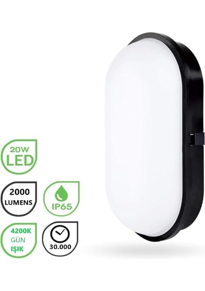 Geçirmez 20W Siyah Kasa Gün Işık 4200K Bahçe Teras Banyo Iç Dış Mekan LED Işık 2000LM (1 Adet) fiyatları