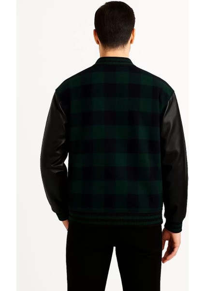 Erkek Kolej Ceket – Kareli Oduncu Kumaş, Kolları Suni Deri, Fermuarlı, Içi Kapitone Astarlı, Nakışlı Oversize Bahar & Kış Stil - Haki fiyatları