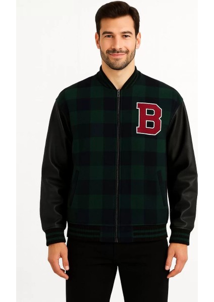 Erkek Kolej Ceket – Kareli Oduncu Kumaş, Kolları Suni Deri, Fermuarlı, Içi Kapitone Astarlı, Nakışlı Oversize Bahar & Kış Stil - Haki modelleri