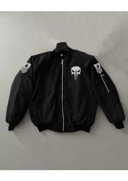 Siyah Askeri Tarz Bomber Mont – Unisex, Punisher Skull Detaylı, Fermuarlı, Cepli, Uzun Kollu, Bahar ve Kış Günlük Moda Için Uygun - Siyah fiyatları