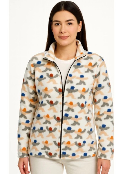 Kadın Tam Fermuarlı Desenli Polar Sweat – Siyah Multicolor Figür Desen Yakalı, Uzun Kollu, Oversize Rahat Kalıp - Beyaz