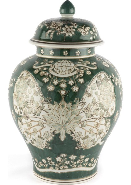 Yeşil Beyaz Kelebekli Küp Kapaklı Vazo 28X43CM