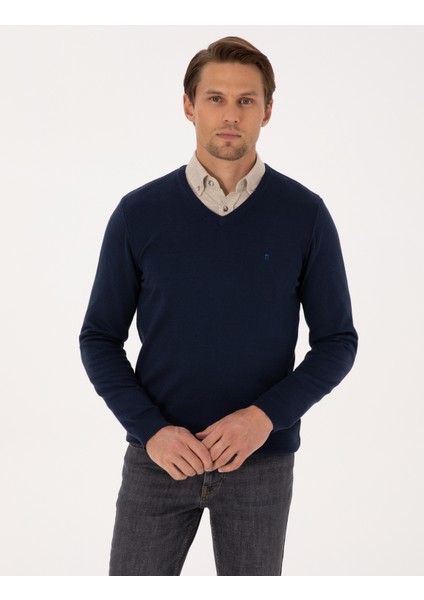 Erkek Açık Lacivert Slim Fit V Yaka Basic Triko Kazak 50314190-VR059