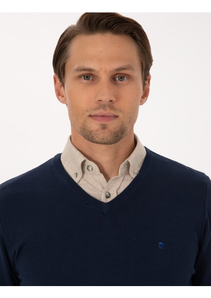 Erkek Açık Lacivert Slim Fit V Yaka Basic Triko Kazak 50314190-VR059 fiyatları