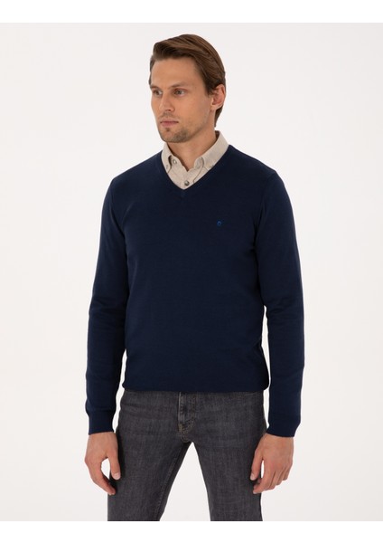 Erkek Açık Lacivert Slim Fit V Yaka Basic Triko Kazak 50314190-VR059 modelleri