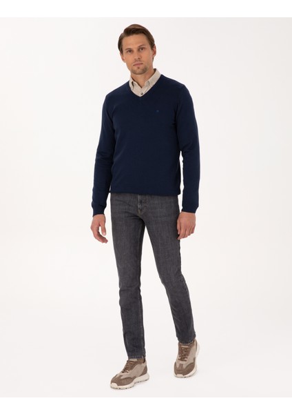Erkek Açık Lacivert Slim Fit V Yaka Basic Triko Kazak 50314190-VR059 fırsatları