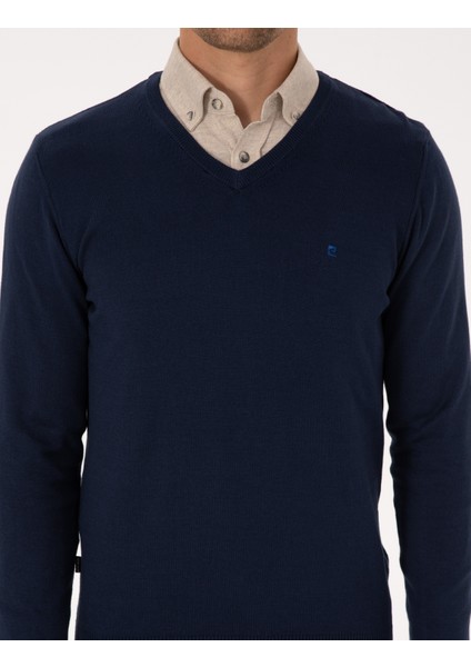 Erkek Açık Lacivert Slim Fit V Yaka Basic Triko Kazak 50314190-VR059