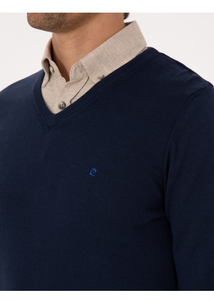 Erkek Açık Lacivert Slim Fit V Yaka Basic Triko Kazak 50314190-VR059