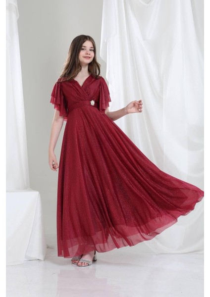 Kristal Kumaş Abiye Elbise Bordo