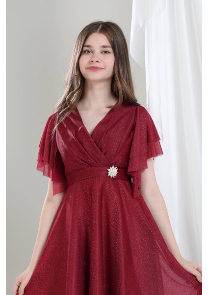 Kristal Kumaş Abiye Elbise Bordo fiyatları