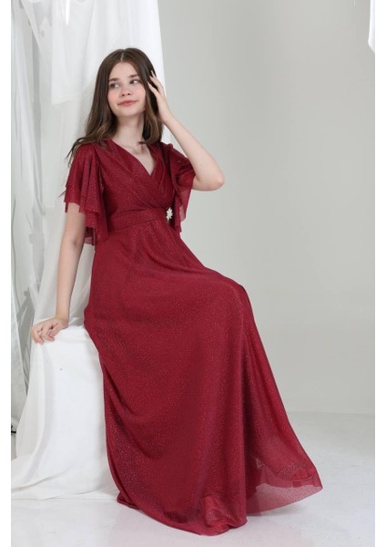 Kristal Kumaş Abiye Elbise Bordo modelleri