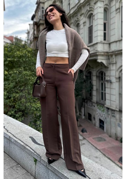 Kahverengi Yüksek Bel Kumaş Pantolon MG2284