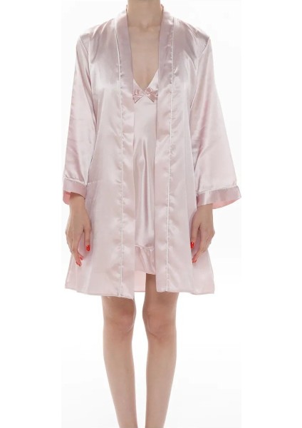 Kadın Pudra Saten Gelin 6'lı Çeyiz Seti Sabahlık & Gecelik & Pijama Şortlu Takım