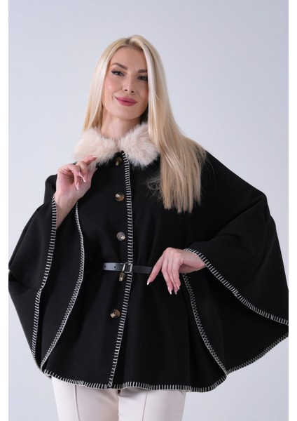 Beyaz Yakası Kürklü Dikiş Detaylı Kemerli Panço 47122731.15