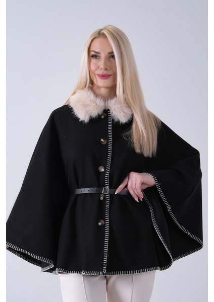 Beyaz Yakası Kürklü Dikiş Detaylı Kemerli Panço 47122731.15 fiyatları