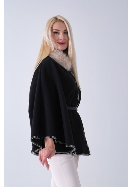 Beyaz Yakası Kürklü Dikiş Detaylı Kemerli Panço 47122731.15 fırsatları