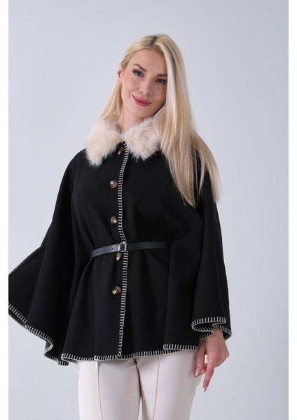 Beyaz Yakası Kürklü Dikiş Detaylı Kemerli Panço 47122731.15