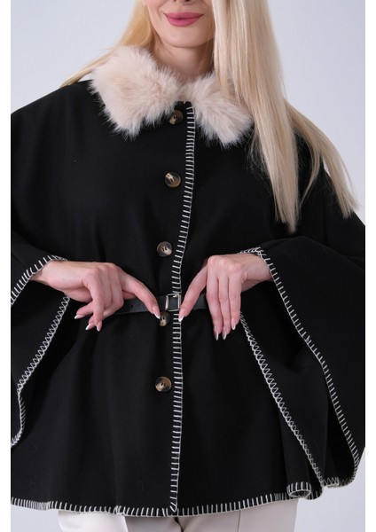 Beyaz Yakası Kürklü Dikiş Detaylı Kemerli Panço 47122731.15