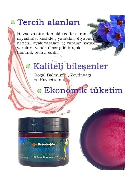 Petekoğlu (50ML) Elyapımı Havaciva Otu Kremi Balmumu Zeytinyağı Hava Civa Otu Kökü Kremi Merhemi Yanık Pişik Kremi