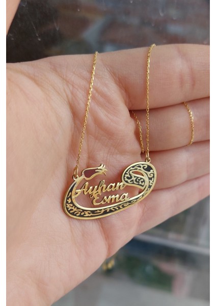 925 Ayar Gümüş 24 Ayar Altın Kaplama 2 Isimli Vav Kolye