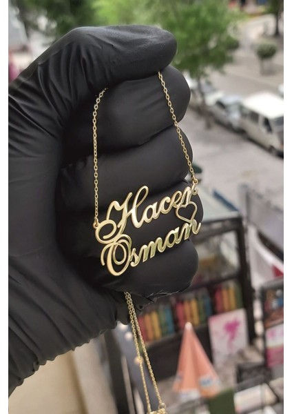 925 Ayar Gümüş 24 Ayar Altın Kaplama 2 Isimli Kalpli Kolye