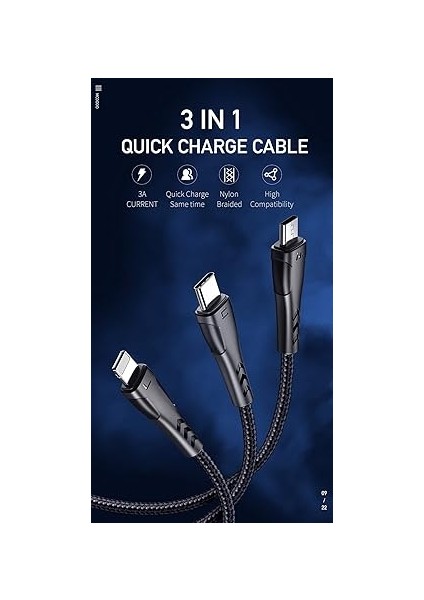 CA-6960 3in1 Lightning-Micro-Type-C Şarj Kablosu 3A 1.2m Siyah fiyatları