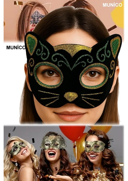 Siyah Kadife Kedi Maskesi – Sarı Yeşil Simli, Sevimli Kulaklı Sim Işlemeli Siyah Kedi Maske fiyatları