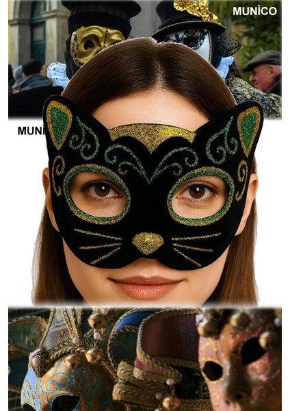 Siyah Kadife Kedi Maskesi – Sarı Yeşil Simli, Sevimli Kulaklı Sim Işlemeli Siyah Kedi Maske modelleri