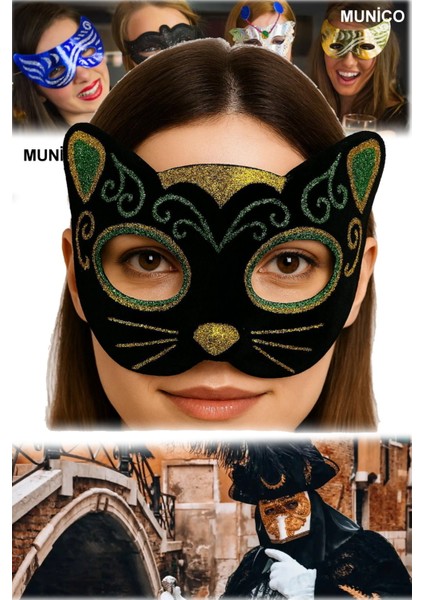 Siyah Kadife Kedi Maskesi – Sarı Yeşil Simli, Sevimli Kulaklı Sim Işlemeli Siyah Kedi Maske fırsatları