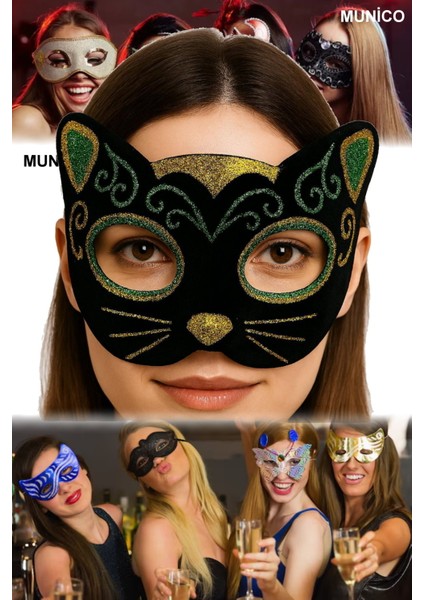 Siyah Kadife Kedi Maskesi – Sarı Yeşil Simli, Sevimli Kulaklı Sim Işlemeli Siyah Kedi Maske