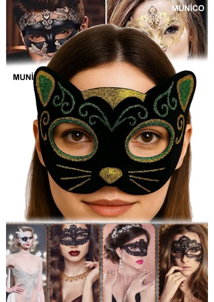 Siyah Kadife Kedi Maskesi – Sarı Yeşil Simli, Sevimli Kulaklı Sim Işlemeli Siyah Kedi Maske