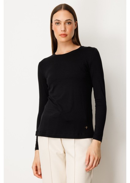 Kadın Metal Aksesuarlı Sıfır Yaka Basic Bluz 61303 Siyah