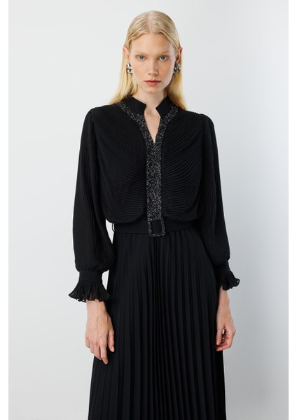 Moda Ilgi Kadın Ön Bedeni Taşlı Piliseli Elbise 0060 Siyah fiyatları