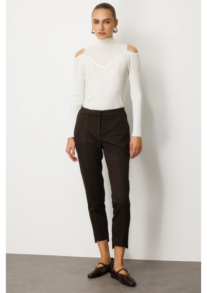 Kadın Balıksırtı Desenli Dar Paça Pantolon 5189 Kahverengi fiyatları