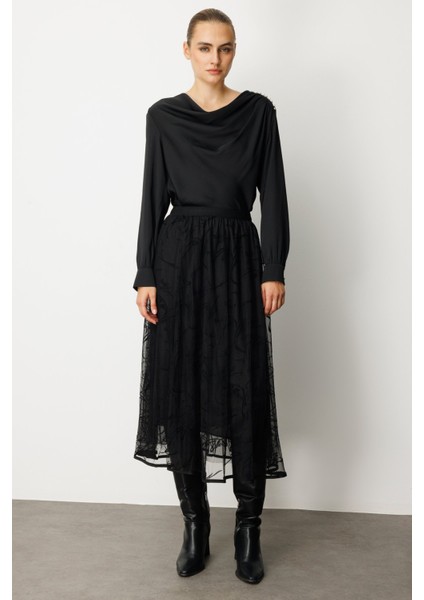 Kadın Kadife Desenli Tül Etek 2401 Siyah