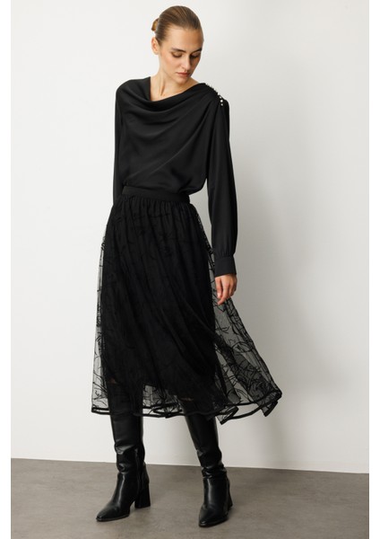Kadın Kadife Desenli Tül Etek 2401 Siyah fiyatları