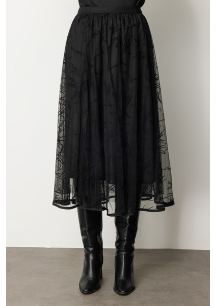 Kadın Kadife Desenli Tül Etek 2401 Siyah modelleri