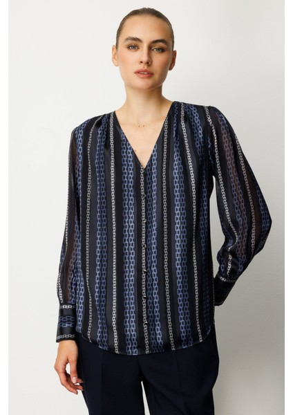Kadın Süs Düğmeli Desenli Bluz 3063 Lacivert