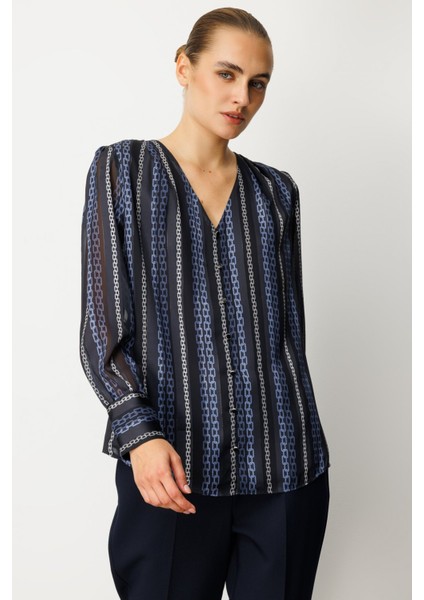 Kadın Süs Düğmeli Desenli Bluz 3063 Lacivert fiyatları