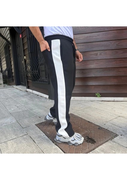 Erkek Üç Iplik Kışlık Pamuklu Yandan Garneli Kalın Şeritli Cepli Eşofman Altı - Siyah fiyatları