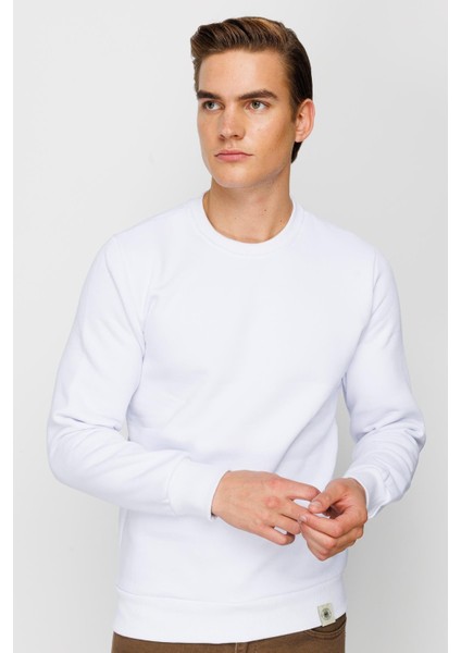 Erkek Beyaz Bisiklet Yaka Sweatshirt