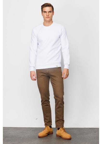 Erkek Beyaz Bisiklet Yaka Sweatshirt