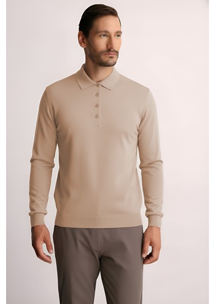 Bej Standart Fit Dar Kalıp Polo Yaka Düz Uzun Kollu Triko