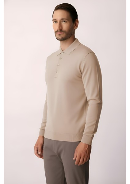 Bej Standart Fit Dar Kalıp Polo Yaka Düz Uzun Kollu Triko fiyatları