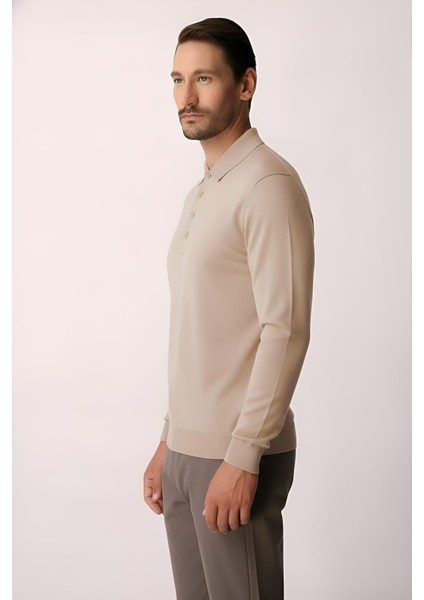 Bej Standart Fit Dar Kalıp Polo Yaka Düz Uzun Kollu Triko modelleri
